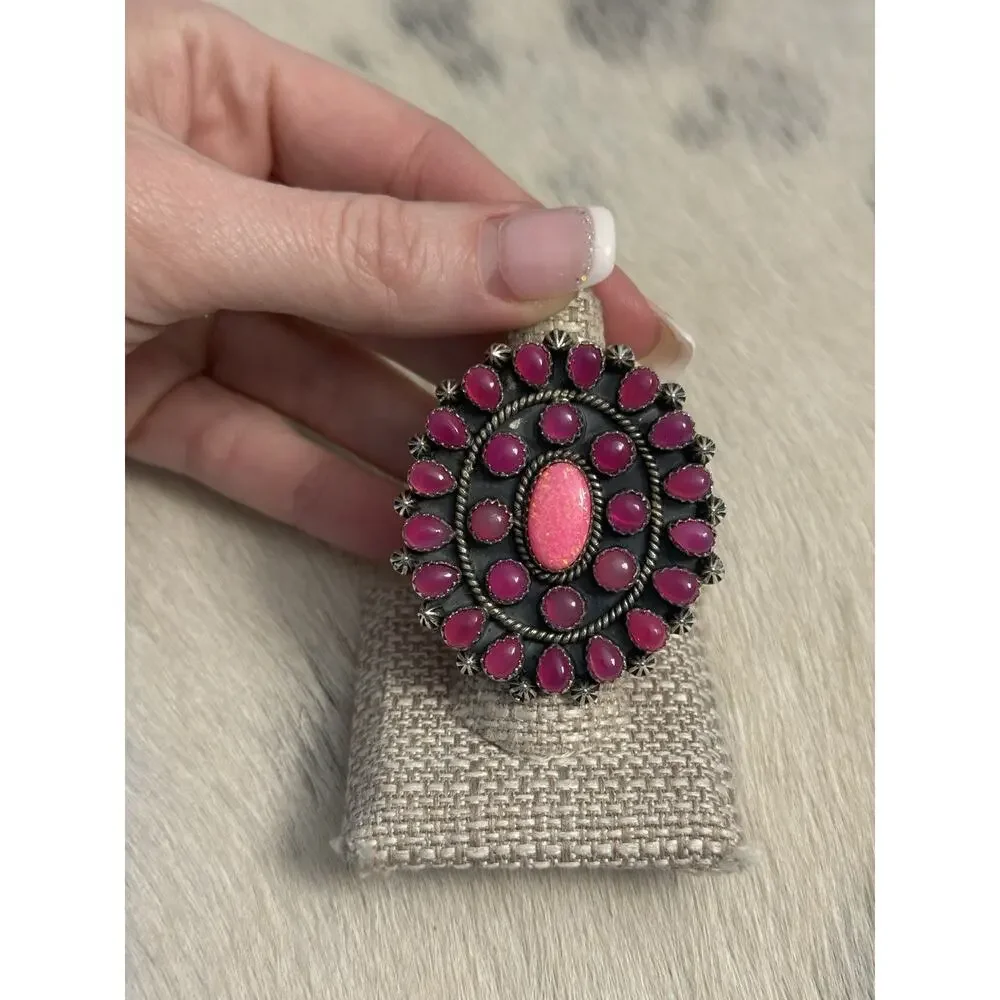 HUGE Sterling Silver Pink Onyx & Pink Fire Opal Flower Cluster Ring 925 Adjust
